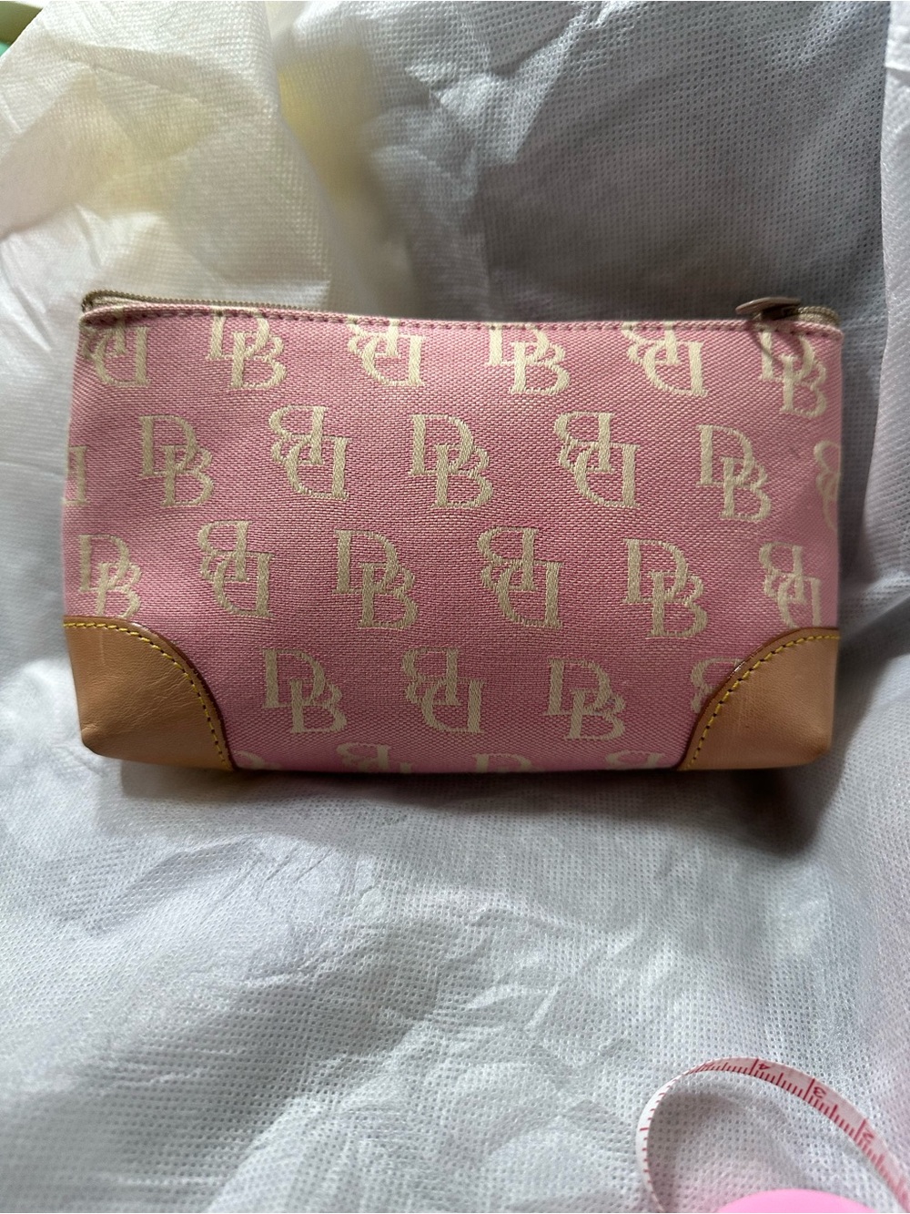 Dooney & Bourke Pink Monogram Cosmetic Pouch with Tan Leather Corners - Picture 2 of 6